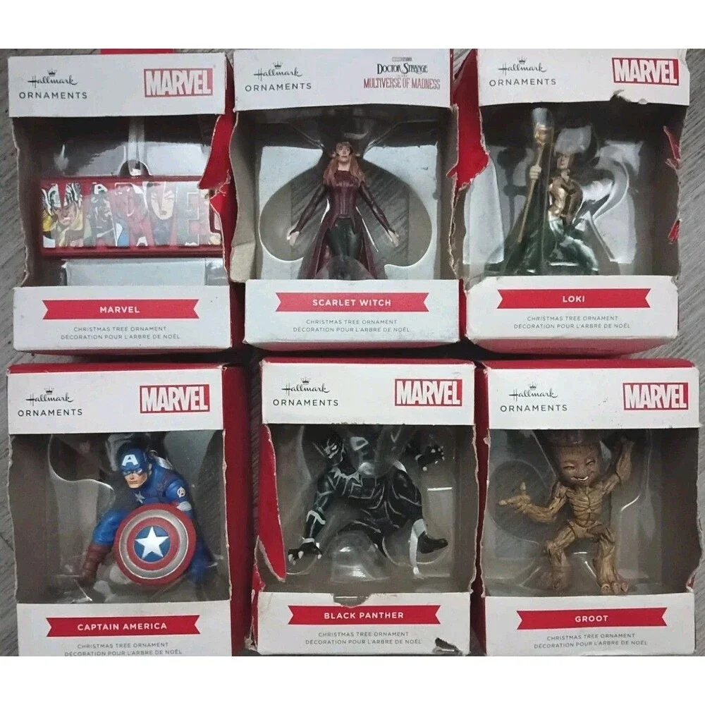 Lot of 6 Marvel Hallmark Ornaments - Scarlet Witch, Loki, Groot, & More - NIB